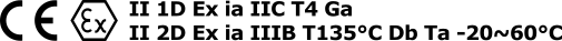 CE Ex II 1D Ex ia IIC T4 Ga 
II 2D Ex ia IIIB T135°C Db Ta -20~60°C