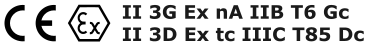 CE EX II 3G Ex nA IIB T6 Gc 
II 3D Ex tc IIIC T85 Dc