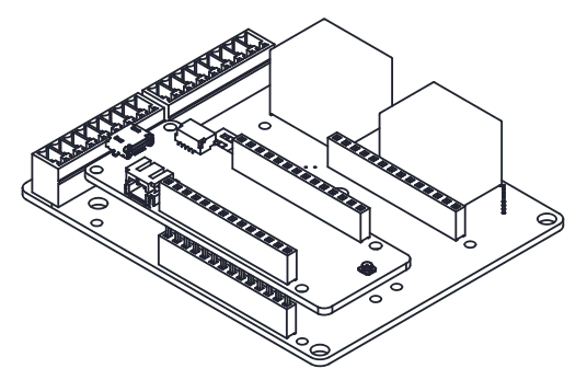 Wireframe of the printed circuit boards of ExRemote's ENRCA receiver, showing a base PCB with connectors, 2 relays and mounting holes and a smaller PCB on top with the antenna connector.