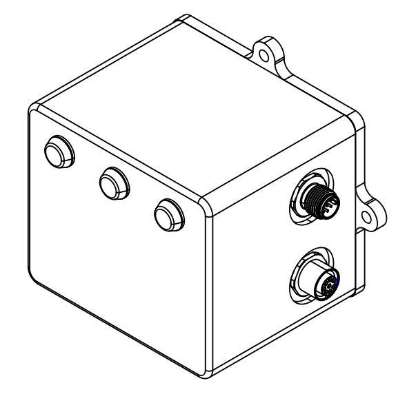 Wireframe of the box shaped housing of ExRemote's receiver, showing 3 LED lenses on the front, 2 circular sensor cable connectors on the side and mounting holes on the back.