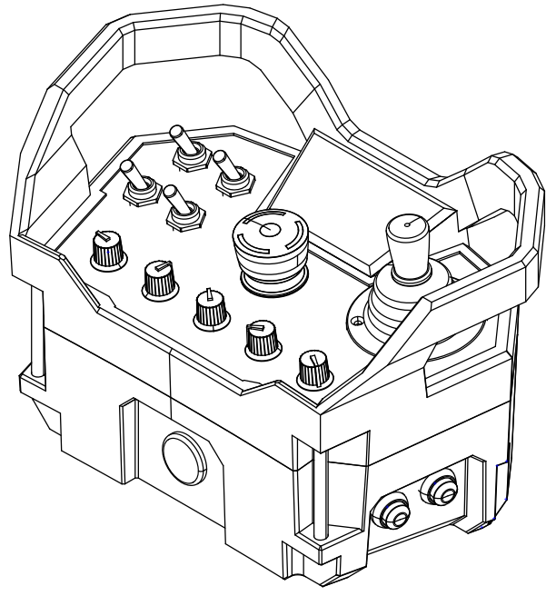 Wireframe of a remote from ExRemote showing the body with handles, the joystick, stop button, 4 toggle switches, 5 rotation knobs and a display cover glass on the top and 2 push buttons on the side.